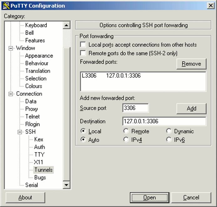 Tunneling a remote MySQL connection through SSH with PuTTY on Windows. Tunneling a remote MySQL connection through SSH with PuTTY on Windows.