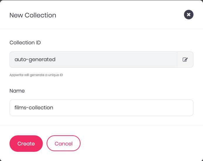 Appwrite form for creating a collection Appwrite form for creating a collection