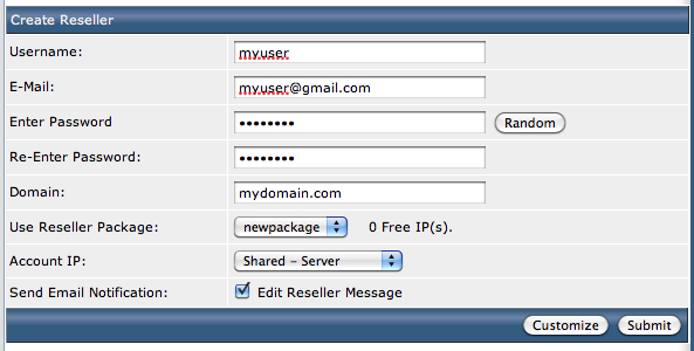 DirectAdmin Create Reseller screen. DirectAdmin Create Reseller screen.