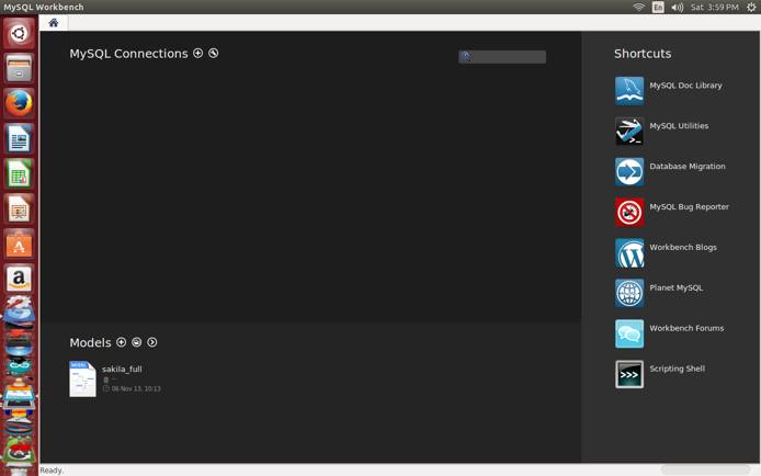 MySQL Workbench’s home screen immediately after installation. MySQL Workbench’s home screen immediately after installation.
