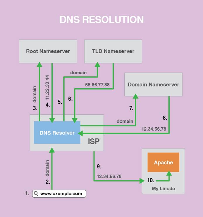 The steps for DNS resolution, also displayed below. The steps for DNS resolution, also displayed below.