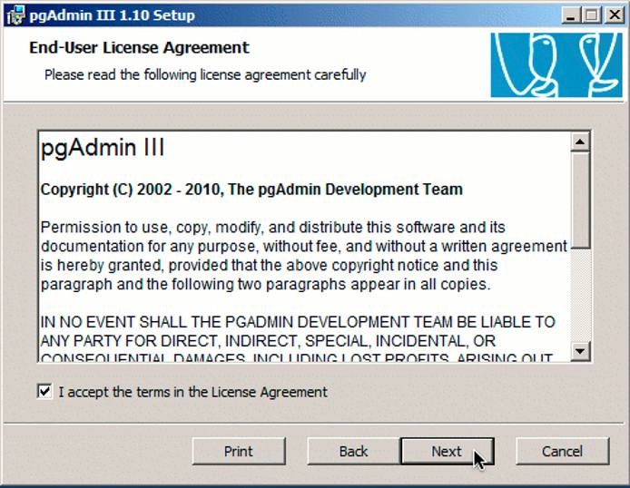 pgAdmin on Windows installer license agreement dialog pgAdmin on Windows installer license agreement dialog