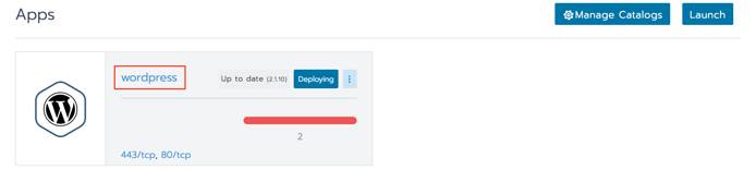 Rancher deployed apps list - WordPress app in middle of provisioning Rancher deployed apps list - WordPress app in middle of provisioning