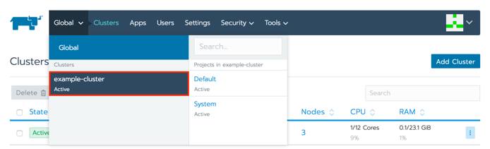 Rancher cluster selection menu with new cluster highlighted Rancher cluster selection menu
