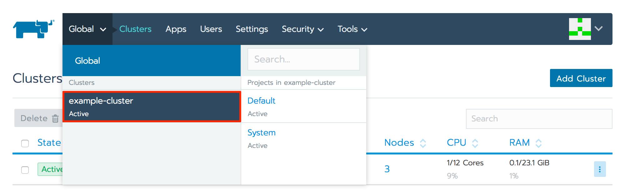 Rancher cluster selection menu with new cluster highlighted Rancher cluster selection menu