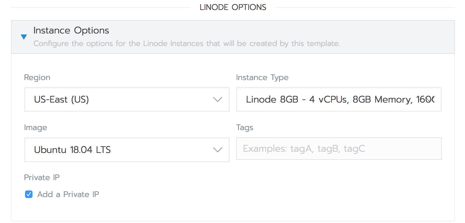 The Linode options in the Add Node Template form Rancher Add Node Template form - Linode options