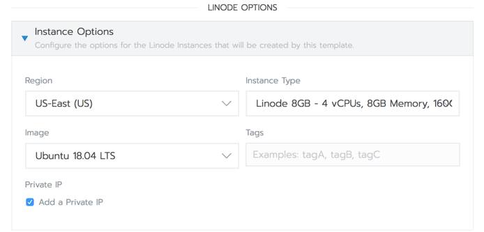 The Linode options in the Add Node Template form Rancher Add Node Template form - Linode options