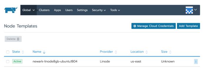 You will be returned to the *Node Templates* page where the node template you just created should be visible. Rancher Node Template list page