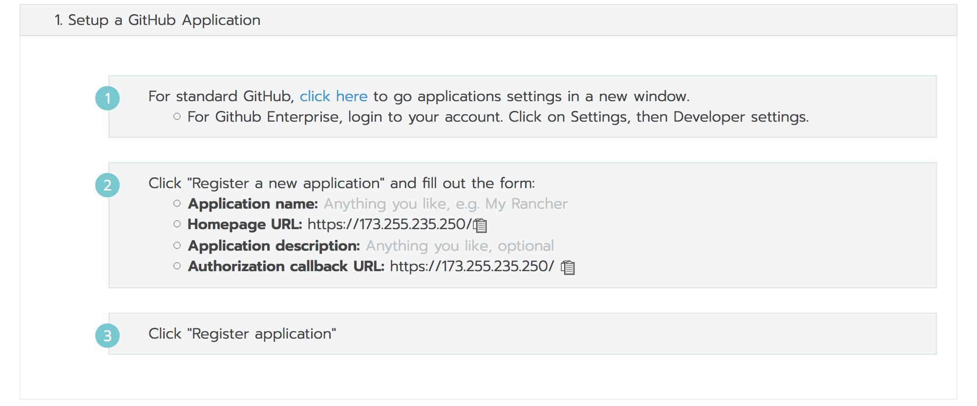 Rancher generated GitHub OAuth form values Rancher generated GitHub OAuth form values