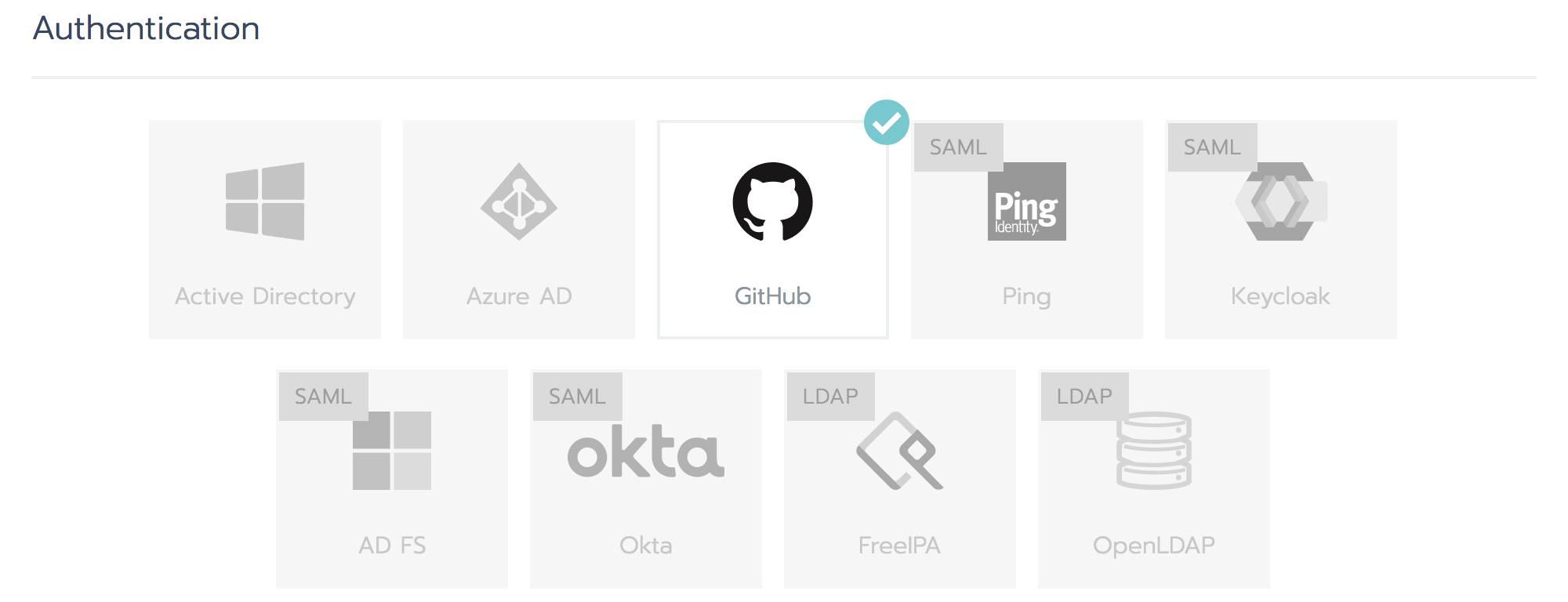 Rancher Authentication page - GitHub option selected Rancher Authentication page - GitHub option selected