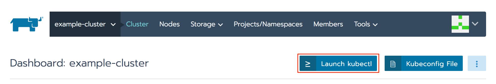 Rancher cluster dashboard - kubectl button highlighted Rancher cluster dashboard - kubectl button highlighted