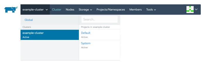 Rancher cluster selection menu - list of projects Rancher cluster selection menu - list of projects