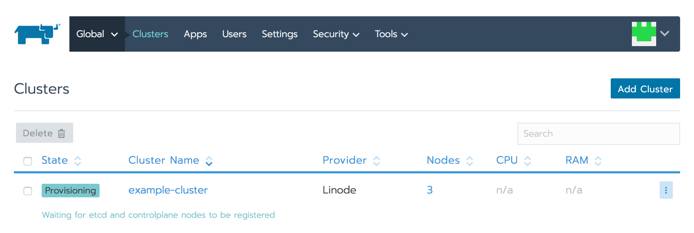 New cluster listed in global home page Rancher Global home page with new cluster listed