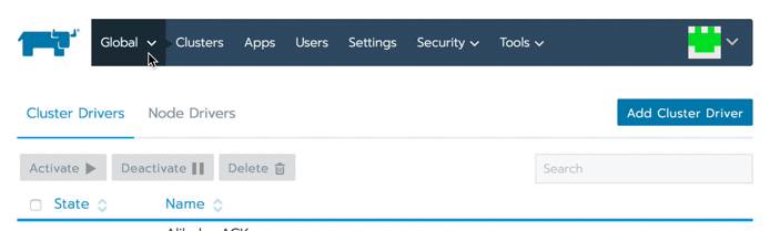 Navigate back to the home page by selecting the Global menu option in the main navigation bar Rancher return to the global view