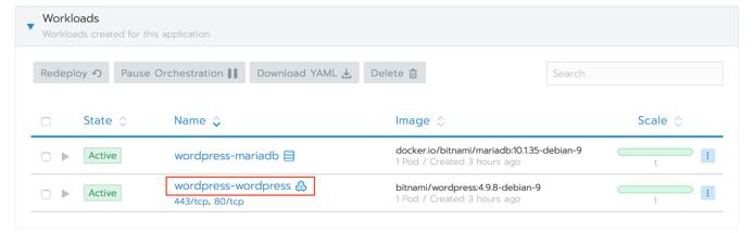 Rancher WordPress workloads - deployment name highlighted Rancher WordPress workloads - deployment name highlighted