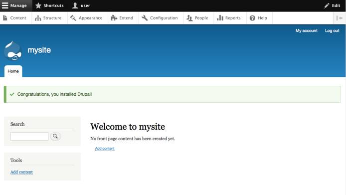 Drupal 8 installed welcome. Drupal 8 installed welcome.