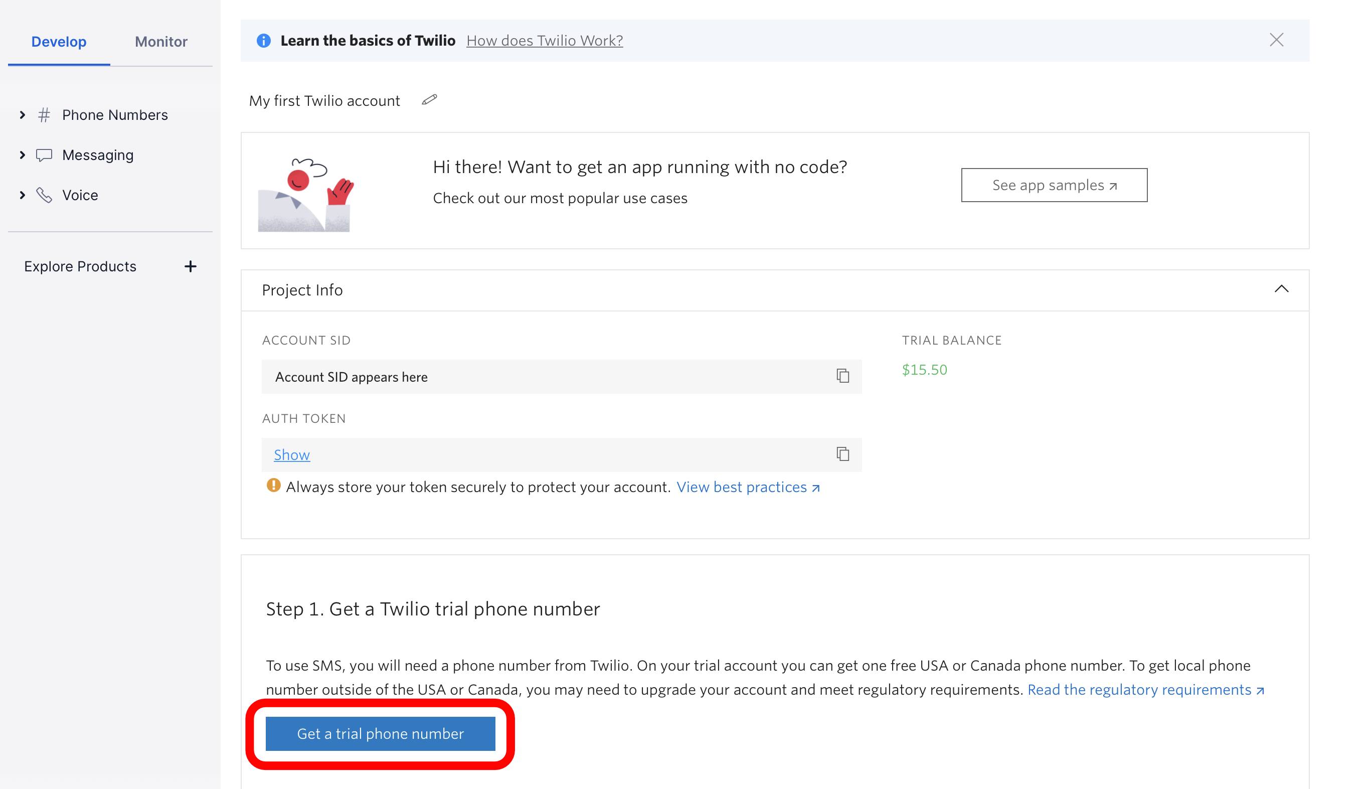 Twilio console - Get trial phone number button highlighted Twilio console - Get trial phone number button highlighted