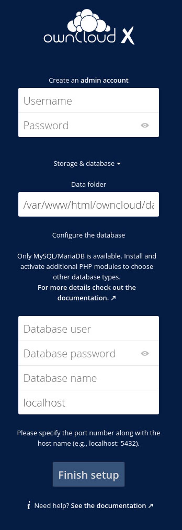 The database details section for the ownCloud installation The database details section for the ownCloud installation