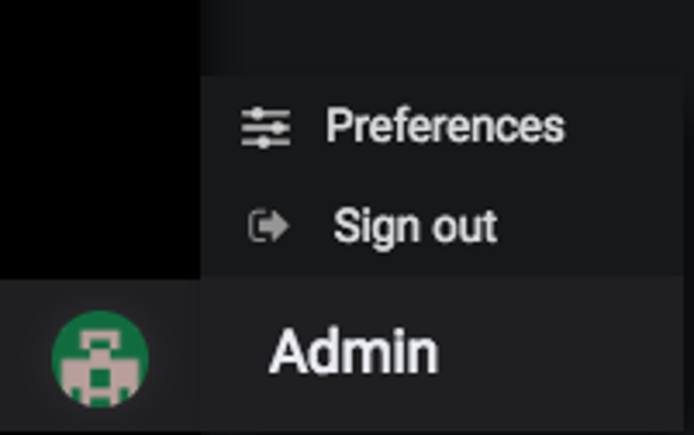 On click, user name and icon shows Preferences and Sign out menu. Admin Preferences
