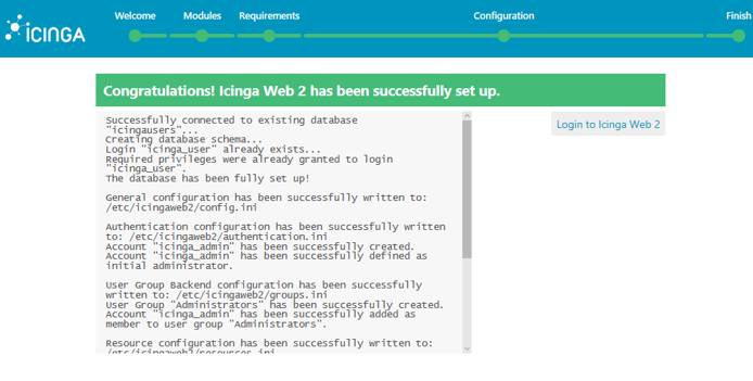 Icinga Successfully Set up - 'Login to Icinga Web 2' button Icinga Successfully Set up - “Login to Icinga Web 2” button