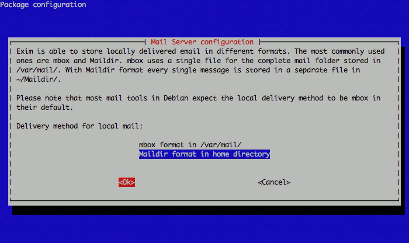 Exim maildirs or mbox configuration on Debian 5. Exim maildirs or mbox configuration on Debian 5.