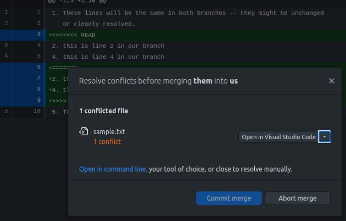 A GitHub Desktop dialog window displaying the number of merge conflicts. A GitHub Desktop dialog window displaying the number of merge conflicts.
