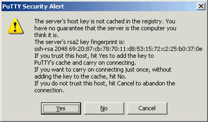 An unknown host key warning in PuTTY on Windows. An unknown host key warning in PuTTY on Windows.