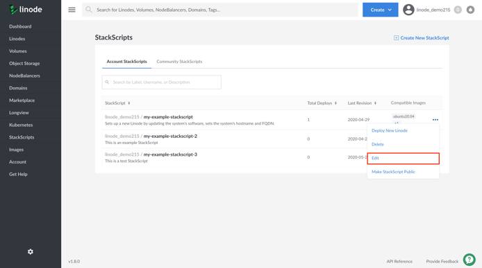 Select Edit from the dropdown menu to edit your StackScript