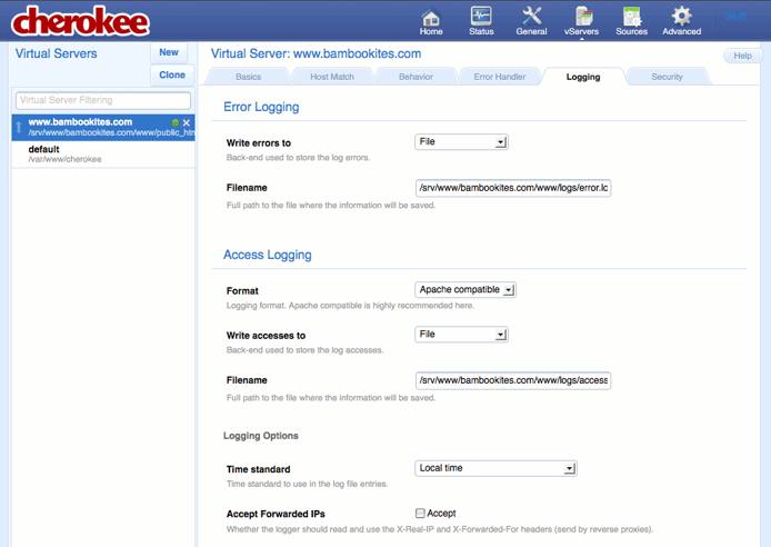 Specifying logging settings on the “Logging” tab of the vServers page of the Cherokee admin panel on Fedora 13. Specifying logging settings on the “Logging” tab of the vServers page of the Cherokee admin panel on Fedora 13.