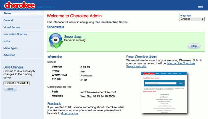 The cherokee-admin web server administration interface running on an Ubuntu Linux 9.10 (Karmic) Linode. The cherokee-admin web server administration interface running on an Ubuntu Linux 9.10 (Karmic) Linode.