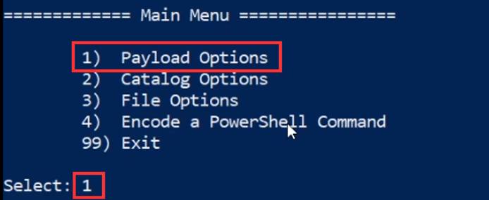 Luckystrike prompt - payload options highlighted Luckystrike prompt - payload options highlighted