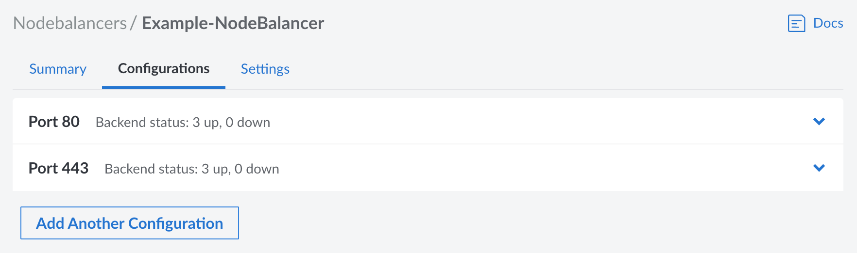 Screenshot of a NodeBalancer’s Configuration in the Cloud Manager