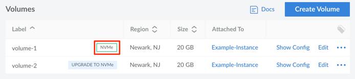 A list of Volumes with a red box highlighting the NVMe label A list of Volumes with a red box highlighting the NVMe label