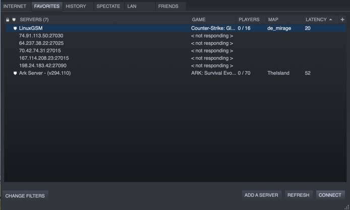 The Steam favorite servers dialog box. The Steam favorite servers dialog box.