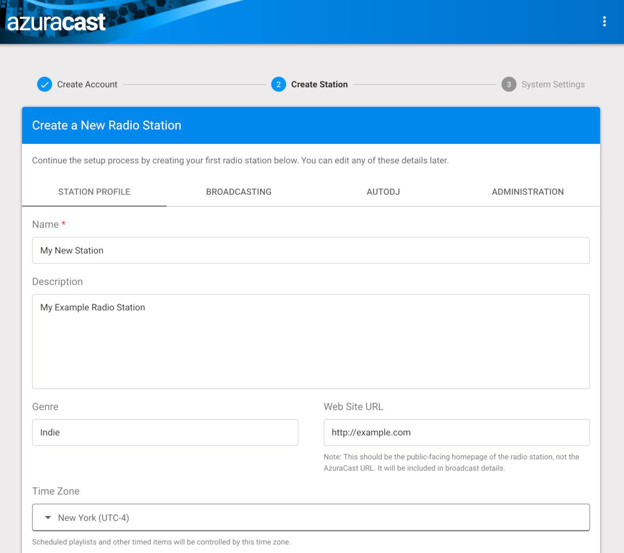 “AzuraCast Create Station”