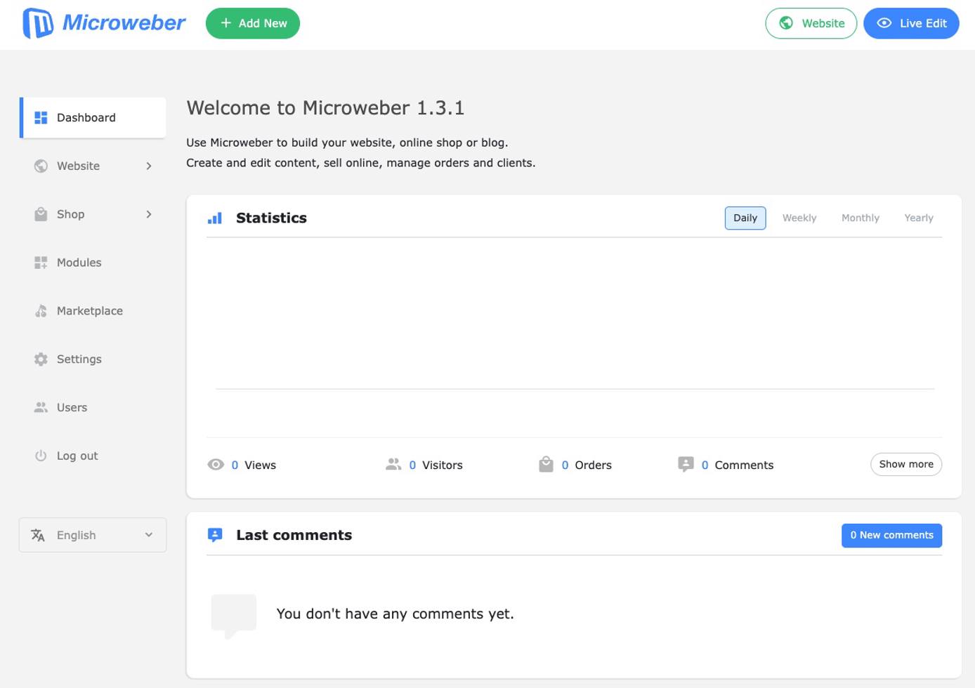Screenshot of the Microweber dashboard Screenshot of the Microweber dashboard