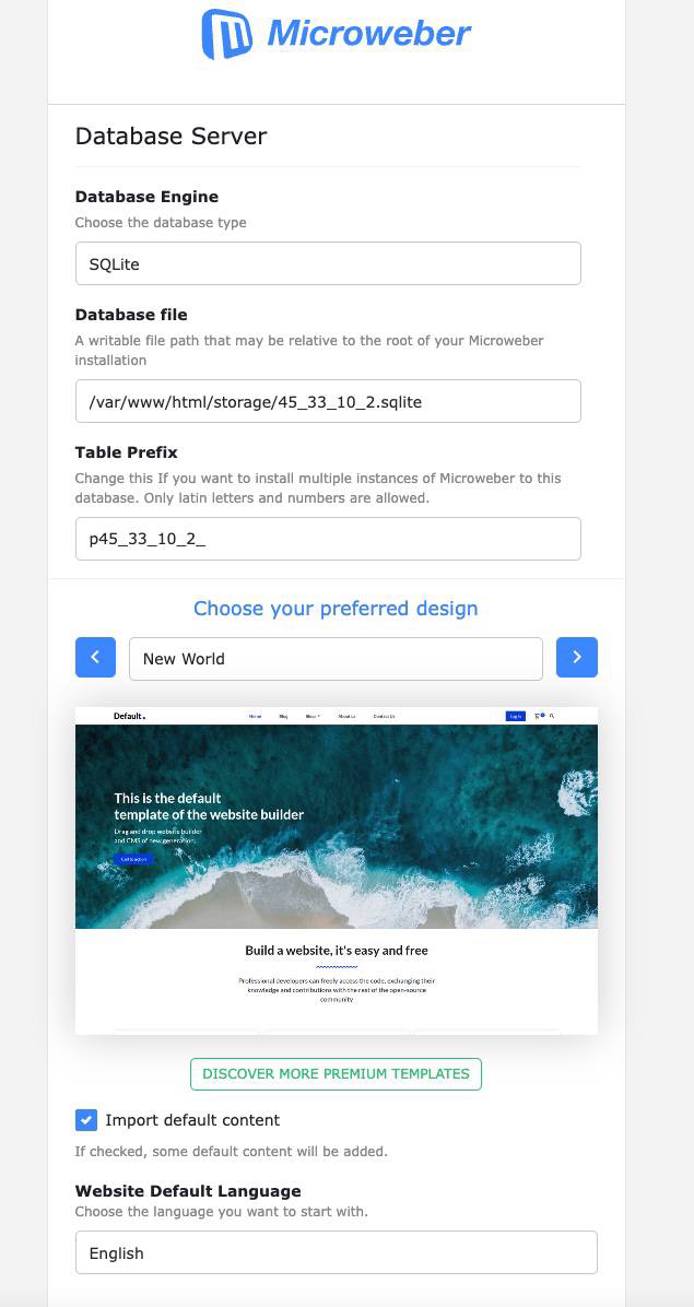 Screenshot of the Microweber installation GUI Screenshot of the Microweber installation GUI